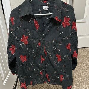 Black Blouse with Red Floral Embroidery